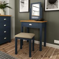 Blue Upholstered Dressing Table Desk Stool Wooden Tapered Legs Blue Cushion