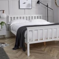 Double Bed White Wooden 4ft 6 Bed Headboard High End Slatted Base Solid Wood