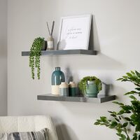 Pair Floating Wall Mounted Storage Shelf Wooden 60cm CD Bookshelves Gloss Grey