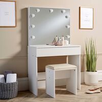 White Dressing Table Vanity Set Mirror Inset Light Makeup Desk Padded Stool
