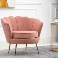 Pink Velvet Upholstered Scallop Chair Golden Wooden Legs Modern Padded Armchair