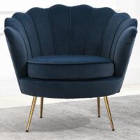 Blue Velvet Upholstered Scallop Chair Golden Wooden Legs Modern Padded Armchair