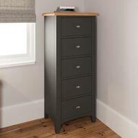 Grey Painted 5 Drawer Narrow Chest Storage Tallboy Wood Frame Two Tone Oak Top