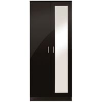 High Gloss Modern 2 Door Bedroom Wardrobe with Mirror & Hanging Rail - Black