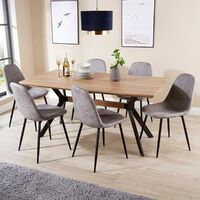 Wooden Oak Dining Kitchen Table Set with 6 Grey Fabric Chairs Black Metal Legs