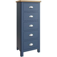 Blue Painted 5 Drawer Narrow Chest Storage Tallboy Wood Frame Two Tone Oak Top