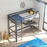 Kids Grey Painted Pine Highsleeper Bed Single with Study Desk Slatted Base
