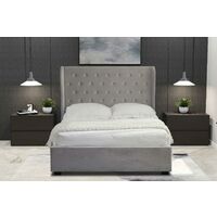 Ottoman Storage Bed 4ft 6 Double Brushed Velvet Light Grey Fabric Winged Back