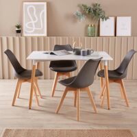 Modern White Kitchen or Dining Table Set 120cm 6 Padded Grey Chairs Wooden Legs