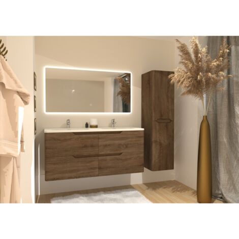 Sanitaire – Meuble double vasque 120cm – Bois foncé – Miroir LED antibuée 120cm – 4 tiroirs avec fermeture amortie – Plan vasque résine synthèse