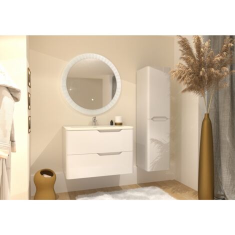 Meuble vasque LUNA Blanc brillant 80 cm avec miroir rond Perle (1/5)