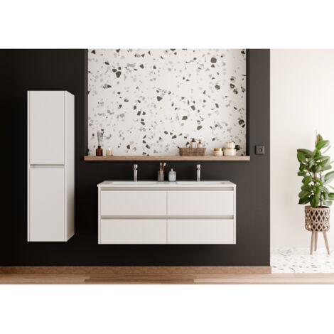 Sanitaire – Meuble sous vasque simple 120cm – Blanc brillant – Panneaux de particules 18mm – 2 tiroirs soft closing – Design moderne pour salle de bain (1/5)