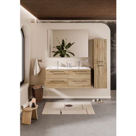 Sanitaire – Meuble de salle de bain NEPTUNE en bois clair 120 cm – Miroir Slim 117 cm – Double vasque en céramique – Tiroirs avec ralentisseurs