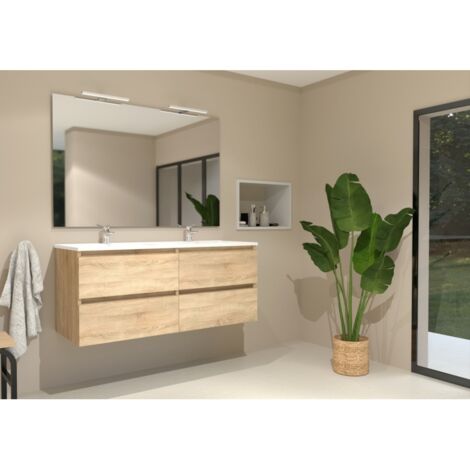 Sanitaire – Meuble double vasque 120 cm – 4 tiroirs avec ralentisseurs – Bois clair – Fixations murales réglables – Design moderne