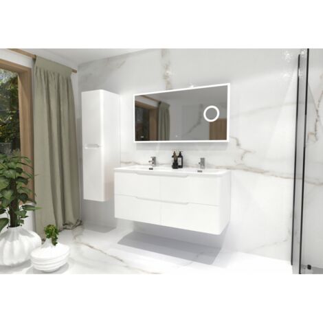 Sanitaire – Meuble double vasque 120cm blanc brillant – Miroir éclairé 117cm – Panneaux 18mm – Installation simplifiée pour salle de bain moderne