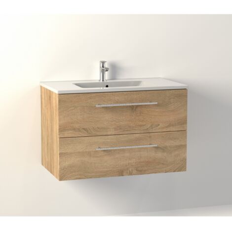Sanitaire – Meuble double vasque suspendu en bois clair 80 cm – 2 tiroirs avec ralentisseurs – Plan vasque céramique blanc brillant – Dimensions L800 x H510 x P458 mm
