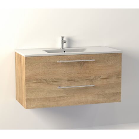 Sanitaire – Meuble double vasque suspendu en bois clair 100 cm – 2 tiroirs à ouverture totale – Vasque céramique centrée – Finition moderne