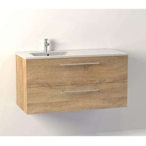 Sanitaire – Meuble double vasque en bois clair 100 cm décalé – Plan vasque céramique blanc brillant – 2 tiroirs – Installation murale recommandée