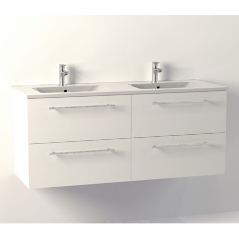 Sanitaire – Meuble de salle de bain suspendu NEPTUNE Blanc brillant 120 cm – Double vasque en céramique – 4 tiroirs avec ralentisseurs