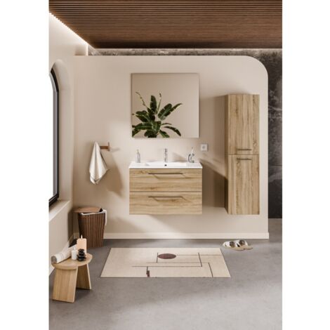 Sanitaire – Meuble de salle de bain NEPTUNE bois clair 80 cm – Miroir slim – Plan vasque céramique 81 x 46 cm – Tiroirs avec ralentisseurs (1/5)