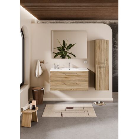 Sanitaire – Meuble de salle de bain NEPTUNE 100 cm – Vasque centrée en céramique – Miroir slim 100 cm – Bois clair – 2 tiroirs avec ralentisseurs