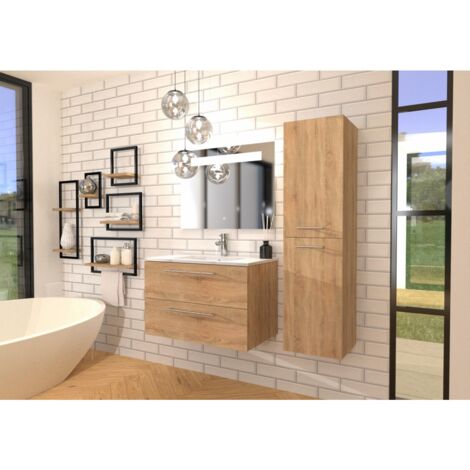 Sanitaire – Meuble de salle de bain NEPTUNE en bois clair 80 cm – Miroir antibuée KATHY 80x60 cm – Éclairage LED intégré – 2 tiroirs avec ralentisseurs