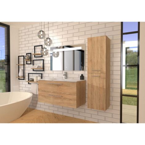 Sanitaire – Meuble de salle de bain NEPTUNE bois clair 100 cm – Miroir éclairant KATHY 100x60 cm – Vasque centrée en céramique – Meuble suspendu