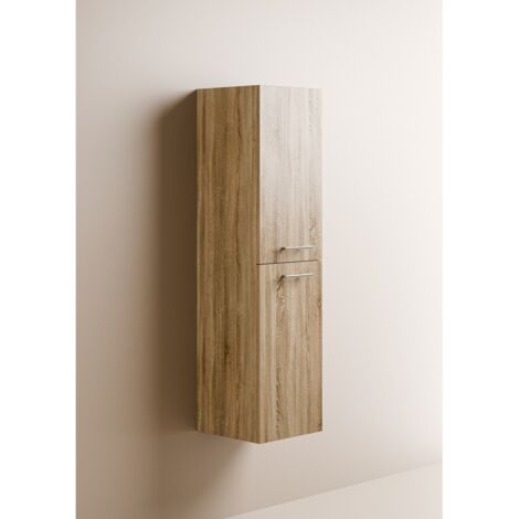 Sanitaire – Colonne de salle de bain suspendue bois clair – Dimensions L35 x l35 x H135 cm – 2 portes avec poignée – Colonne réversible