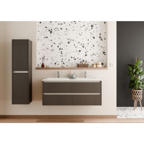 Sanitaire – Meuble bas de salle de bain double vasque 120cm – Tissé gris – 4 tiroirs avec rails coulissants – Plan en céramique blanc brillant (1/5)