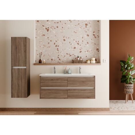 Sanitaire – Meuble double vasque 120cm en bois foncé – 2 tiroirs avec fermeture douce – Plan en céramique blanc brillant – Ensemble salle de bain