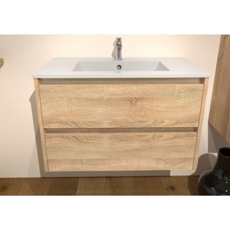 Sanitaire – Meuble sous-vasque JUPITER 3.0 Bois clair 80 cm – 2 tiroirs avec fermeture amortie – Panneaux mélaminés résistants à l'humidité (1/8)