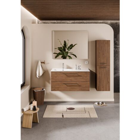 Sanitaire – Meuble de salle de bain NEPTUNE Héritage Chêne 100cm – Vasque décentrée en céramique – Miroir slim 100cm – Meuble suspendu avec tiroirs à ouverture totale