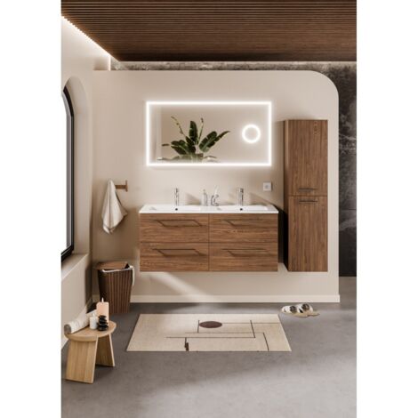 Sanitaire – Meuble suspendu de salle de bain 120 cm – Double vasque en céramique – Miroir avec éclairage intégré – Tiroirs à ouverture totale