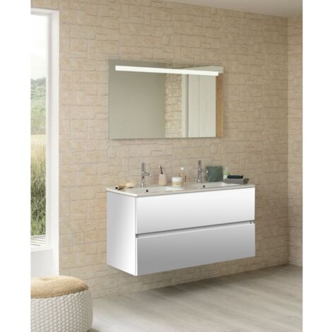 Sanijura – Meuble double vasque NOLITA blanc brillant avec miroir éclairant KATHY 120x60 cm – Système antibuée – Éclairage LED intégré