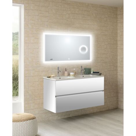Sanijura – Meuble double vasque blanc brillant avec miroir LED intégré – Dimensions meuble L120 x P45.7 x H60 cm – Tiroirs avec amortisseurs