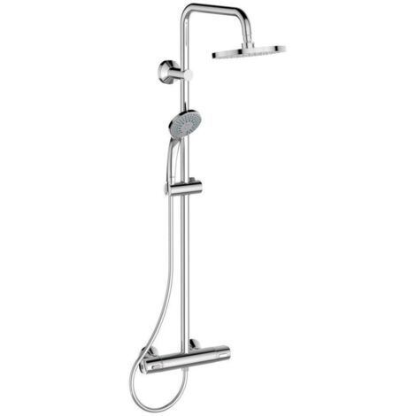 Porcher – Colonne de douche thermostatique 200 mm anticalcaire – Douchette 80 mm avec 3 jets – Flexible 1,75 m – Limiteur de température à 40°C