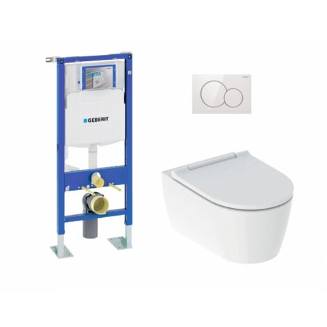 Pack complet WC suspendu TurboFlush – Cuvette ONE sans bride – Bâti-support Geberit UP320 – Plaque de déclenchement blanche (1/5)