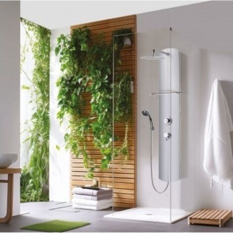 Valentin – Colonne de douche thermostatique en aluminium anodisé – Pomme haute inox Ø 250 mm – Douchette 3 jets – Flexible 1,75 m effet métal