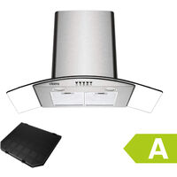 CIARRA 90cm Cooker Hood 1pc Carbon Filter Class A 650m3/h Stainless Steel Curved Glass Extractor Hood -506SS90 - Stainless Steel