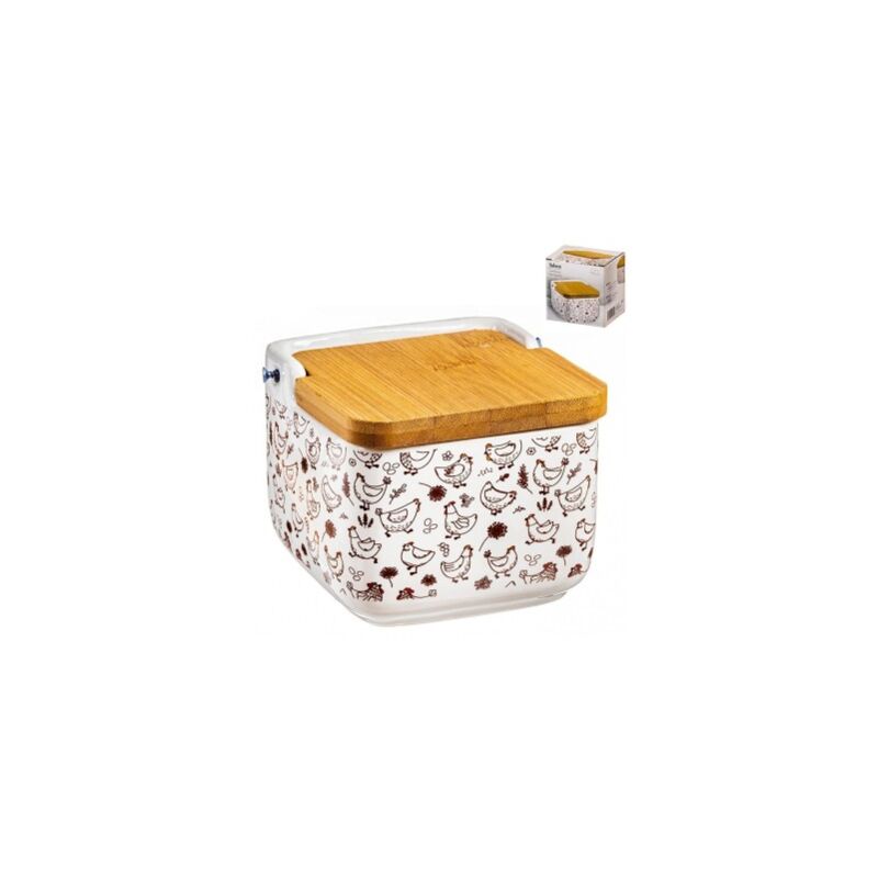 Salière Originale "Stay Salty" - Pot Carré Céramique 10x10x9 Cm Avec Couvercle Bois Et Cuillère, 680 Ml
