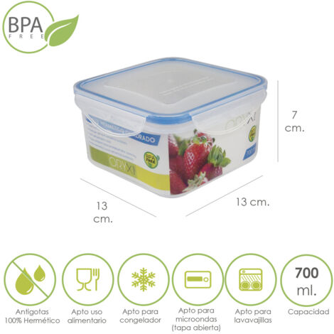 Récipient hermétique carré en plastique 700 ml. 13x13x7 (H) cm.