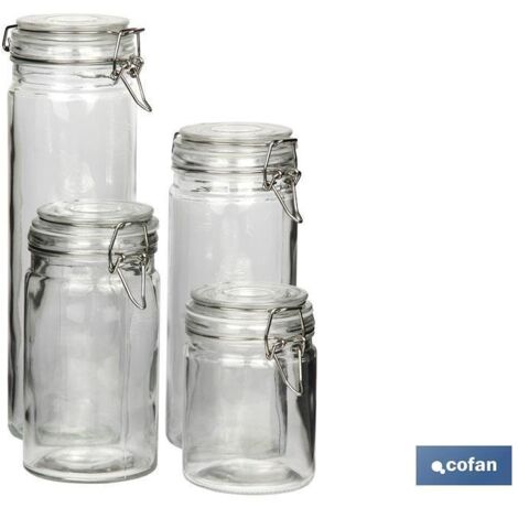 Lot de 4 Pots en Verre + Clip Acier 2100ml,1500ml,1150ml,750ml