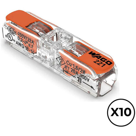 Lot de 10 connecteurs rapides 2 voies à levier de Ø6mm² maximum (450V 32A) pour conducteurs cuivre