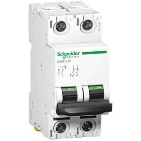 Schneider Electric – Disjoncteur bipolaire courant continu 32A – Courbe C – Bornes à vis – 500V CC – Pouvoir de coupure 6kA – 2 modules 18mm