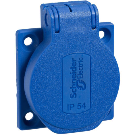 Schneider Electric – Prise de courant complète Schuko EMP.50X50 – Indice de protection IP54 – Montage facile intérieur et extérieur – Couleur bleue