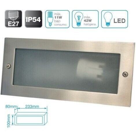 GSC – Applique murale encastrée aluminium IP54 – Couleur satin nickel – Dimensions 233x80x100mm – Avec culot E27 pour ampoules LED