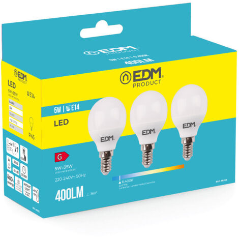 Kit de 3 Ampoules LED EDM Sphériques E14 5W 400lm 6400K Lumière Froide Ø4,5x8cm (1/3)