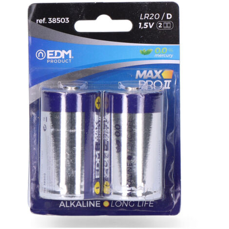 Pile alcaline longue durée EDM d - lr20 1,5v blister 2 unités ø34,2x61,5mm (1/2)