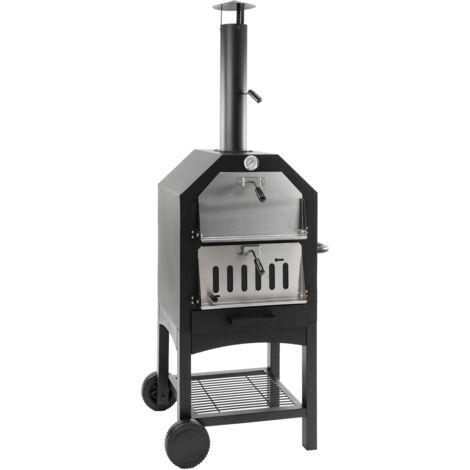 Barbecue à charbon avec four en pierre 44,5x65x158cm – Corps noir avec portes en acier inoxydable – Cheminée ø10x46cm – 2 grilles chromées – BBQ (1/5)