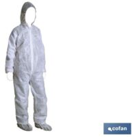Combinaison jetable en polypropylène 45 g, taille M, avec capuche et fermetures réglables.